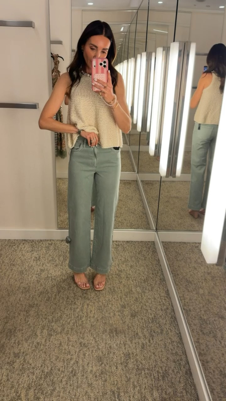 Viral Paige Anessa Braided jeans, fit tts.

summer denim outfit, casual weekend look, everyday summer style, casual lunch outfit, effortless chic outfit, sage green jeans, knit tank, casual chic, wide leg jeans, summer neutral outfit

#LTKootd #LTKOver40