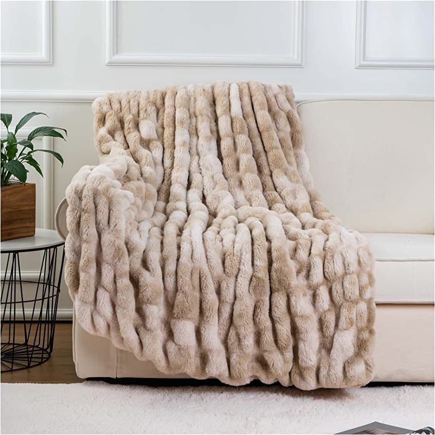 BATTILO HOME Ruched Luxury Faux Fur Throw Blanket Beige Tie-dye Rabbit Fur Blanket for Couch, Liv... | Amazon (US)