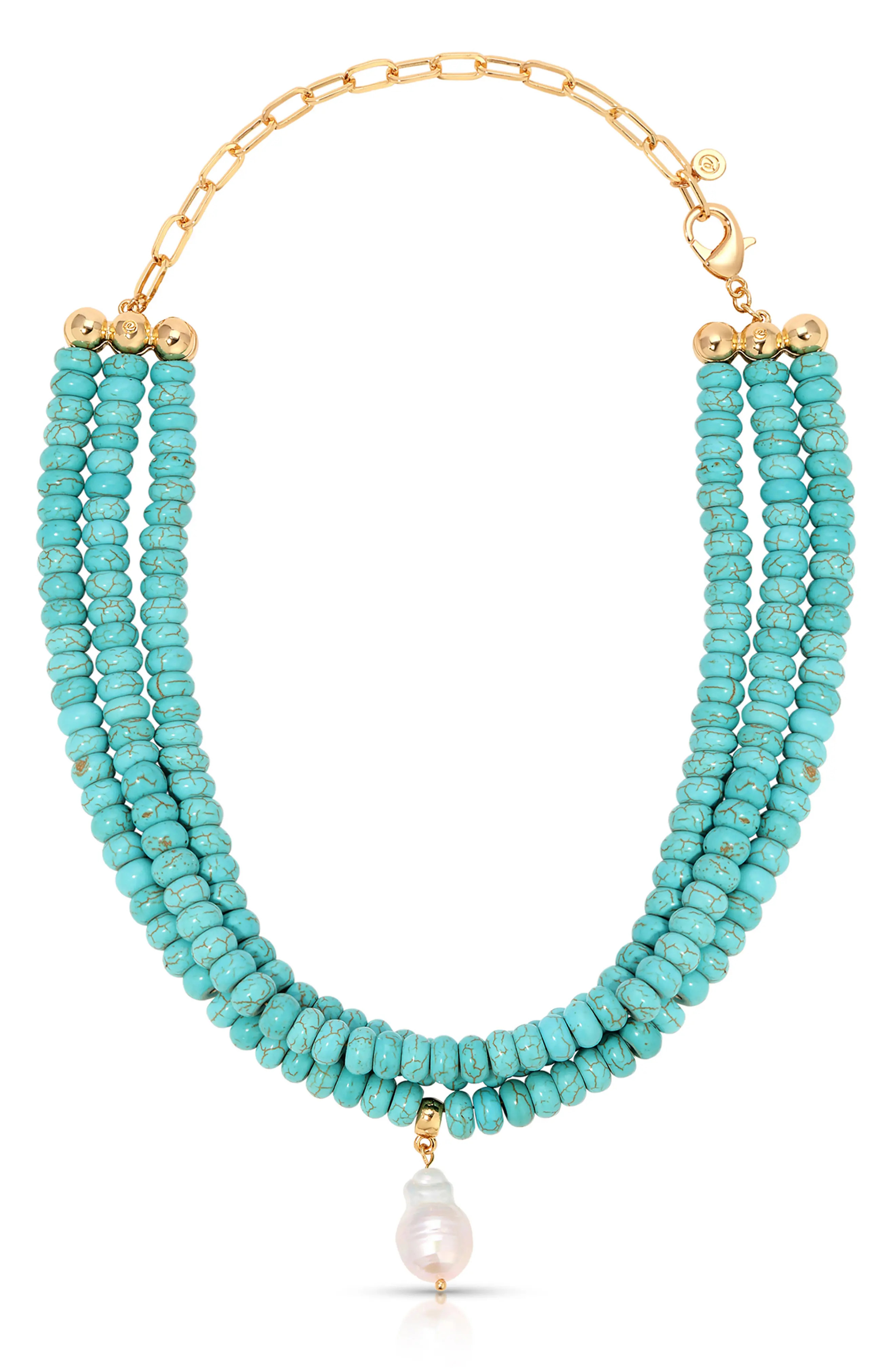 Ettika Triple Strand Turquoise & Freshwater Pearl Pendant Necklace (Women) | Nordstrom | Nordstrom