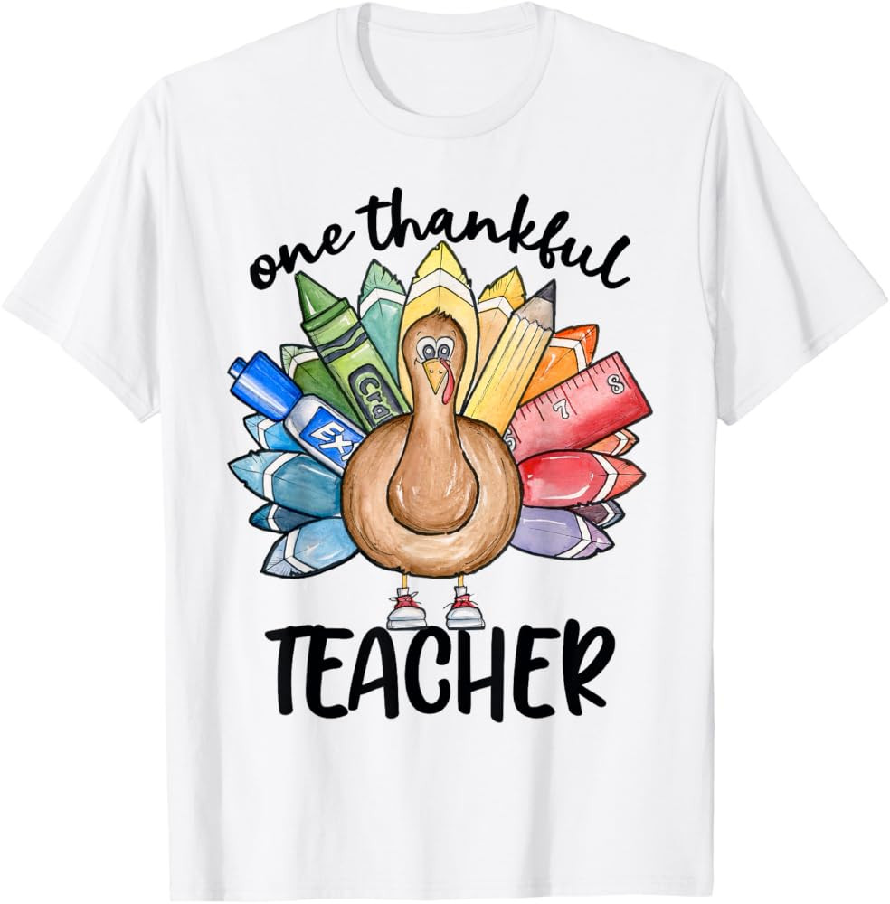 One Thankful Teacher Thanksgiving Turkey, Cute Crayon Pencil T-Shirt for Men Women | Amazon (US)