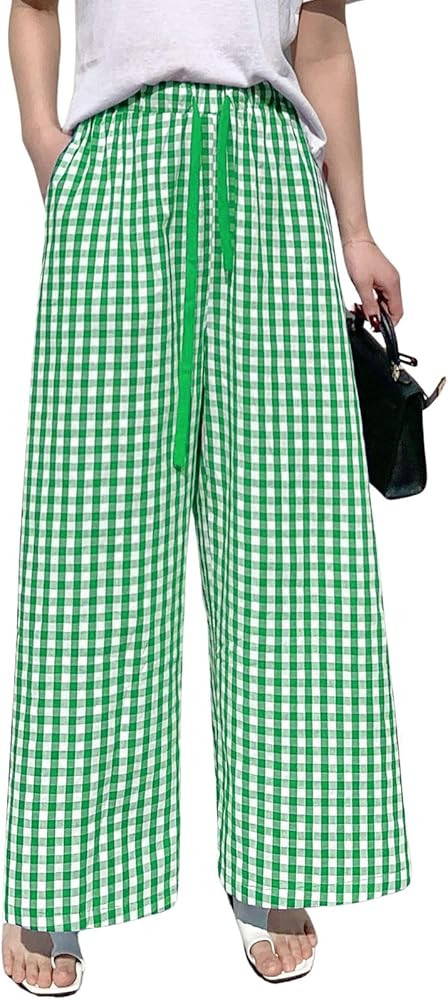 chouyatou Women's Plaid Wide Leg Culotte Pants Gingham High Elastic Waisted Cropped Palazzo Pants... | Amazon (US)