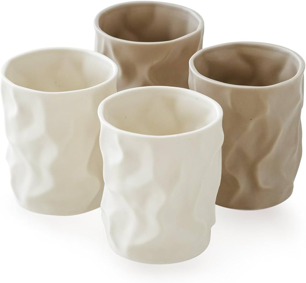 WENSHUO Crinkle Paper Shape Irregular Cup Set of 4, Reusable Ceramic Drinking Cups, 8oz | Amazon (US)