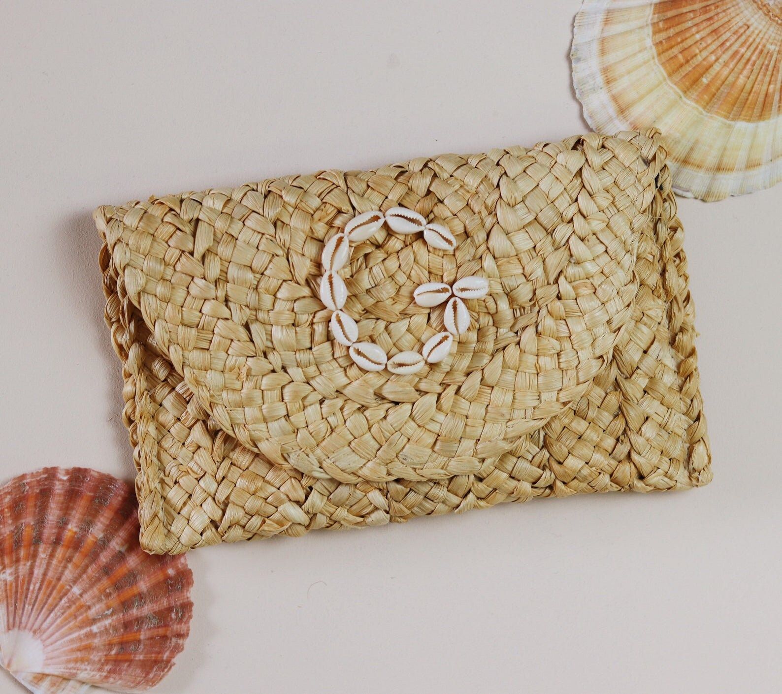 Personalised Cowrie Shell Monogram Woven Straw Clutch Bag | Etsy | Etsy (US)