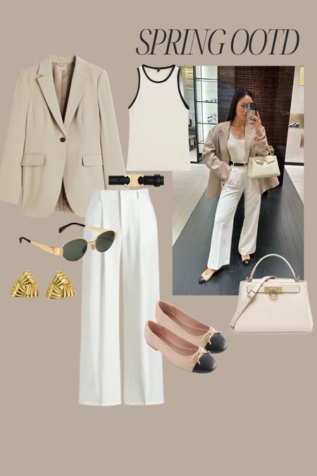 Spring outfit of the day 🤍 chic and classic vibes 

Abercrombie white trousers (size 24 short) 
Celine sunglasses
Reona blazer 
Massimo Dutti vest top 
Ballet flats 
Workwear

#LTKstyletip #LTKworkwear #LTKfindsunder100