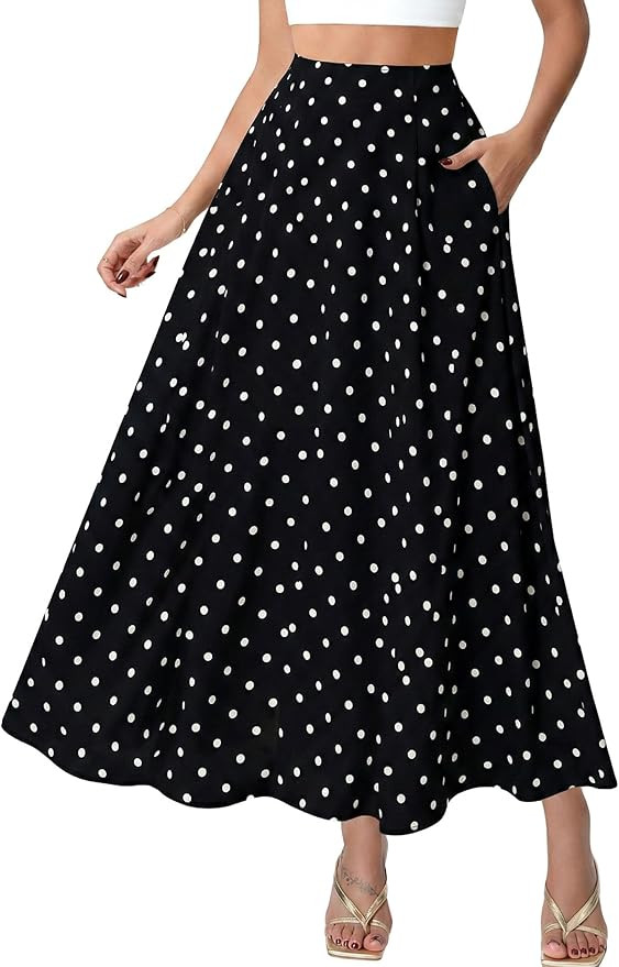 DERAX Women's Polka Dot Flowy Maxi Skirt A-Line Long Skirt with Pockets | Amazon (US)