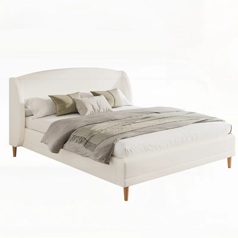 King Size Upholstered Platform Bed with Boucle Fabric, Wingback Headboard, and Rounded Corners in... | Wayfair North America