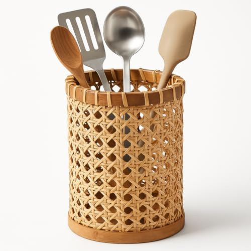 Xylarnoveth Boho Utensil Holder - Handwoven Rattan Utensil Holder for Kitchen and Countertop | Natural Woven Organizer for Rustic Kitchen Decor, Boho Basket for Cooking Tools and Tabletop Storage | Amazon (US)