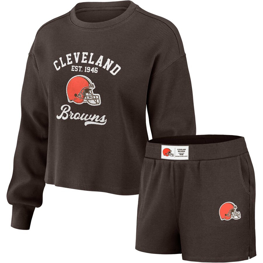 Cleveland Browns WEAR by Erin Andrews Women's Waffle Knit Long Sleeve T-Shirt & Shorts Lounge Set... | Fanatics