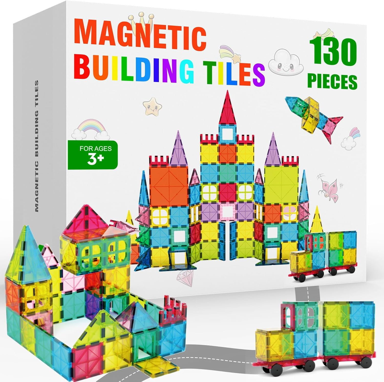 Magnetic Tiles - 130PCS Magnetic Blocks for Kids, Magnet Tiles Building Blocks Set with 2 Cars, C... | Amazon (US)