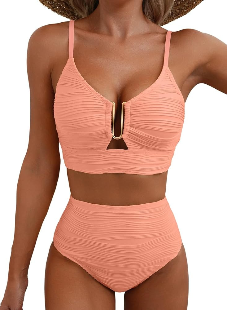 Herseas 2 Piece Bikini Set U-Wire Cutout Popular Swimsuit High Waisted Textured 2026 Summer Beach... | Amazon (US)