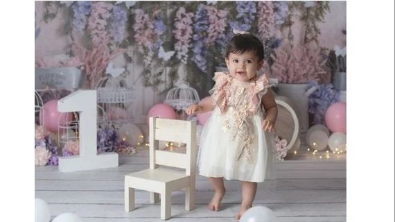 1st Birthday Outfit Gold Tutu Photo prop Dress Embroidery Sequin Floral Baby First Smash cake Boh... | Etsy (US)