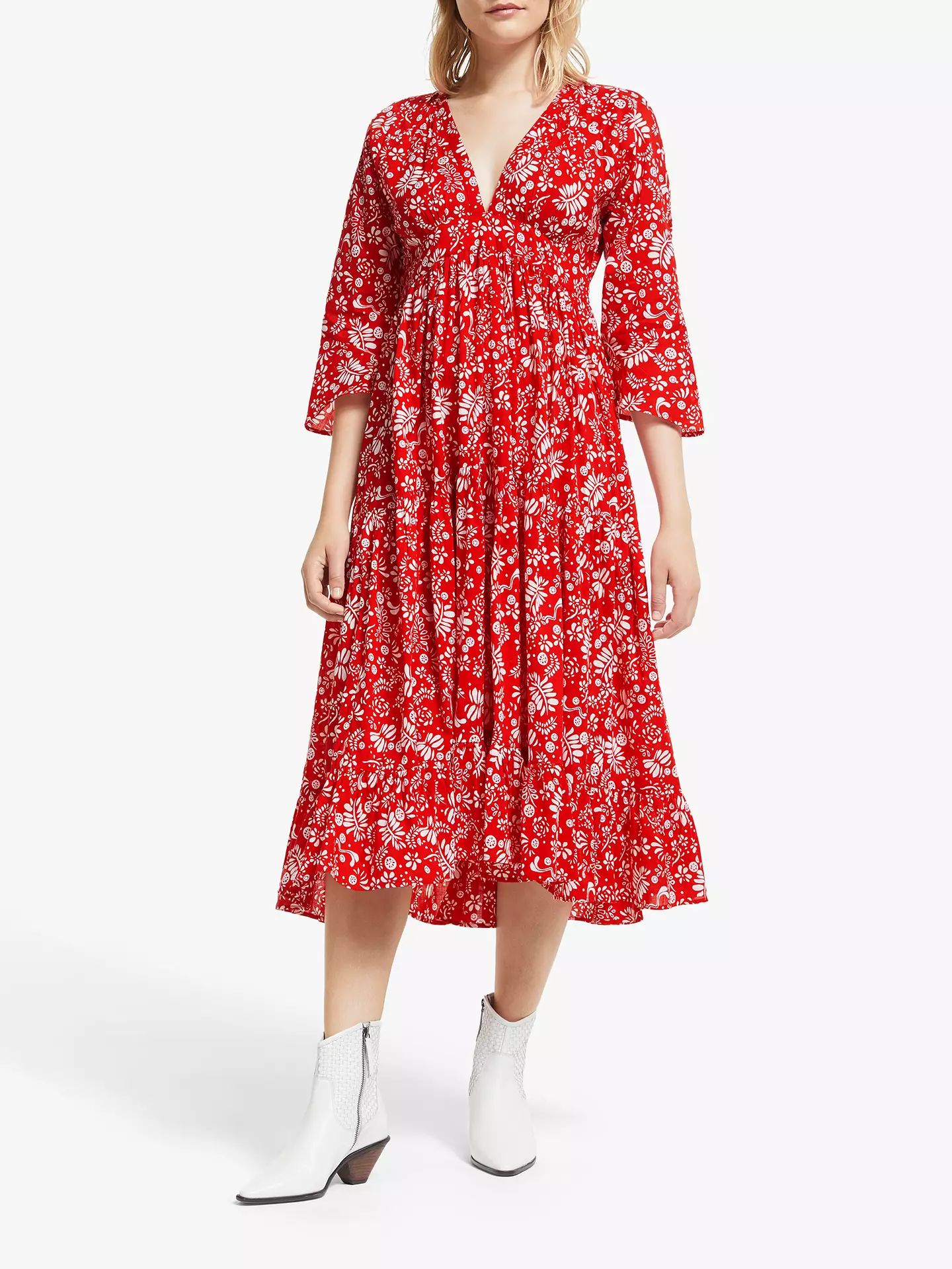 AND/OR La Galeria Elefante Mexicana Fern Print Tiered Maxi Dress, Red/Ivory | John Lewis UK