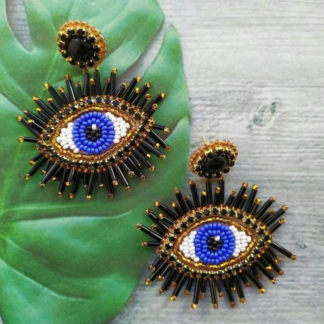 Handmade Evil Eye Seed Bead Statement Earrings, Boho Blue Eye Protection Jewelry - Etsy | Etsy (Global)