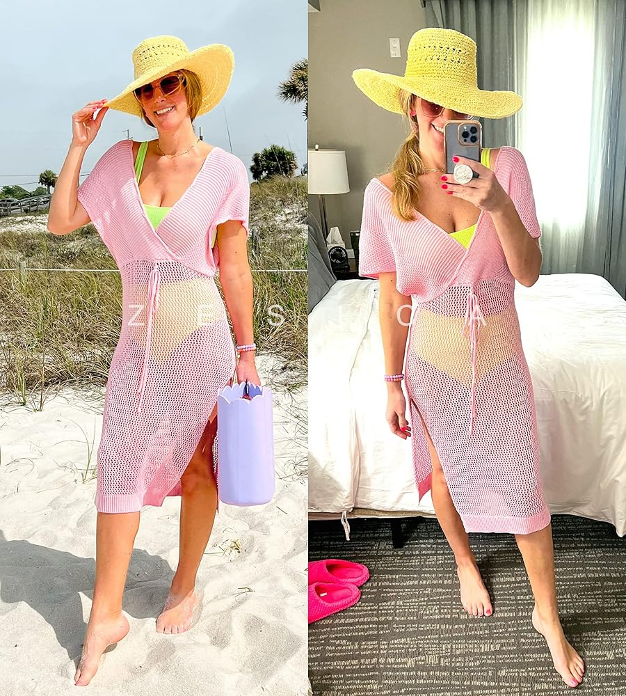 ZESICA Women's 2023 Summer Wrap V Neck Short Sleeve Crochet Hollow Out Mesh Bodycon Beach Cover Up M | Amazon (US)