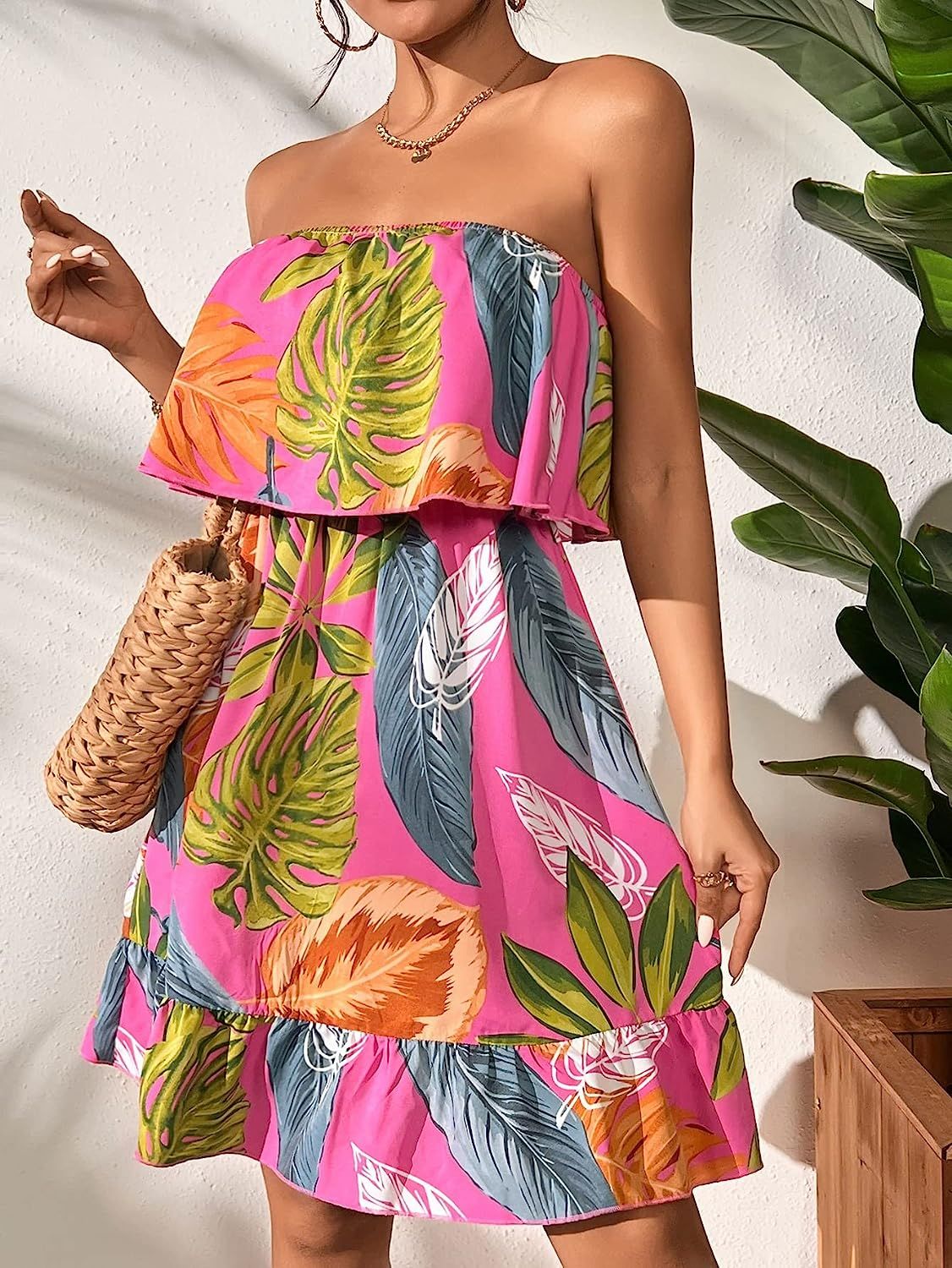 SOLY HUX Women's Floral Summer Beach Casual Sun Dresses Tropical Leaf Print Sleeveless Ruffle Hem... | Amazon (US)