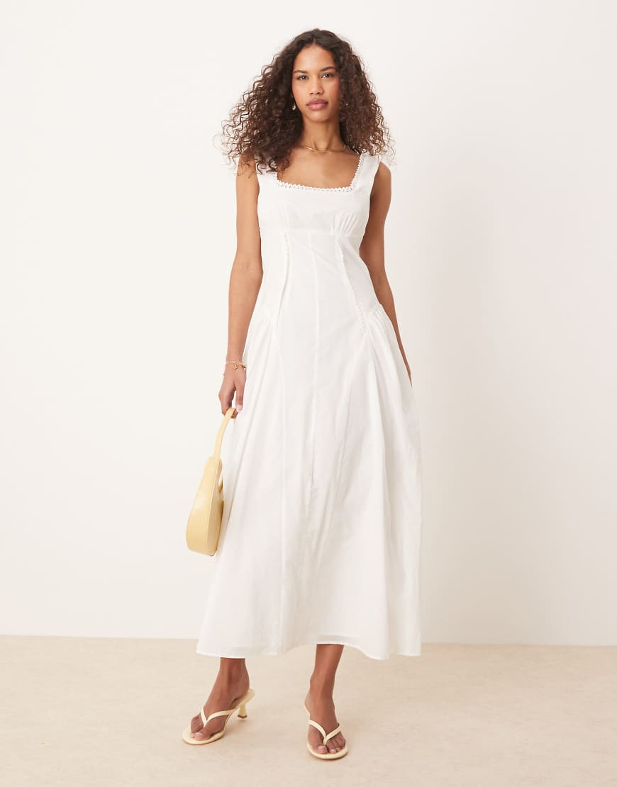 ASOS DESIGN – Sommerkleid in Maxilänge in Weiß im Western-Stil mit eckigem Ausschnitt und tiefer Taille | ASOS (Global)