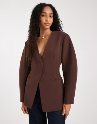 ASOS DESIGN cinch collarless blazer in chocolate | ASOS | ASOS (Global)