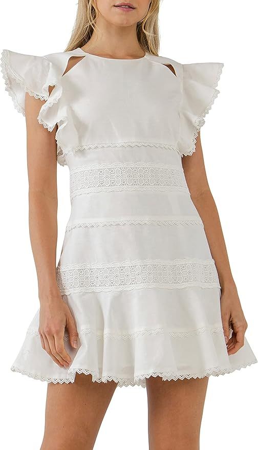 endless rose Women's Lace Trimmed Ruffle Sleeve Dress with Cutout White | Amazon (US)