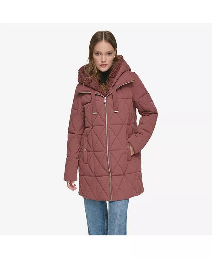 Andrew Marc Islee Quilted Womens's Puffer Coat With Popcorn Sherpa Trimming and Removable Hooded ... | Macy's