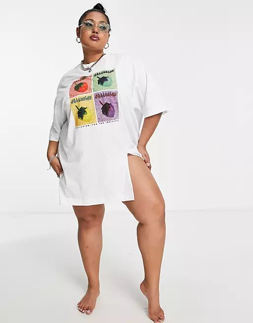 COLLUSION Plus strawberry graphic beach t-shirt dress in slub with front split | ASOS | ASOS (Global)