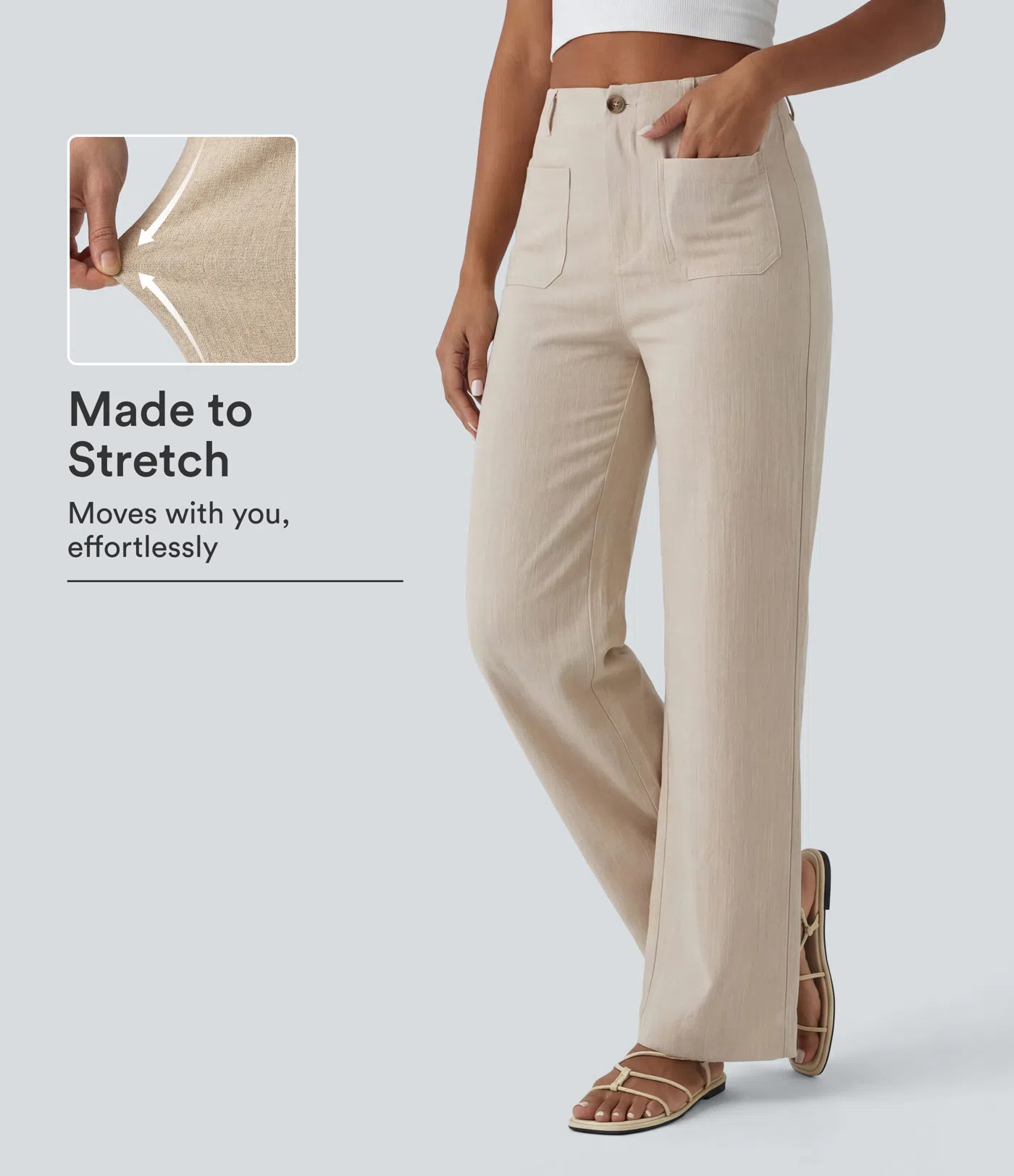 Women’s High Waisted Straight Leg Casual Linen-Feel Pants with Pockets - Halara | HALARA