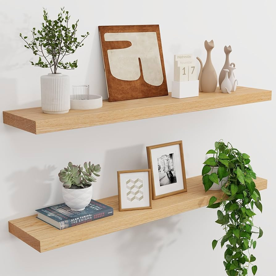 Solid Oak Floating Shelves - Set of 2, 36" Wide x 8" Deep Wall Mounted Rustic Wooden Display Shel... | Amazon (US)