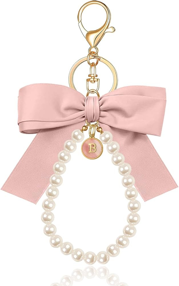 XGALBLA Initial Letter Cute Coquette Bow Keychain for Women, Wristlet Simulated Pearl Keychains B... | Amazon (US)