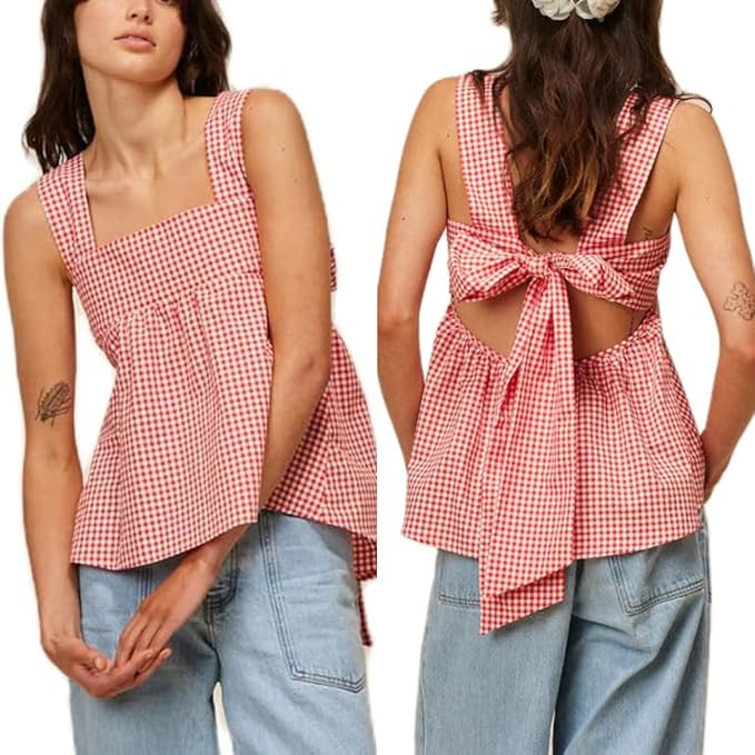 Women Gingham Babydoll Tank Top Cute Sleeveless Backless Wide Straps Peplum Shirt Y2K Square Neck... | Amazon (US)