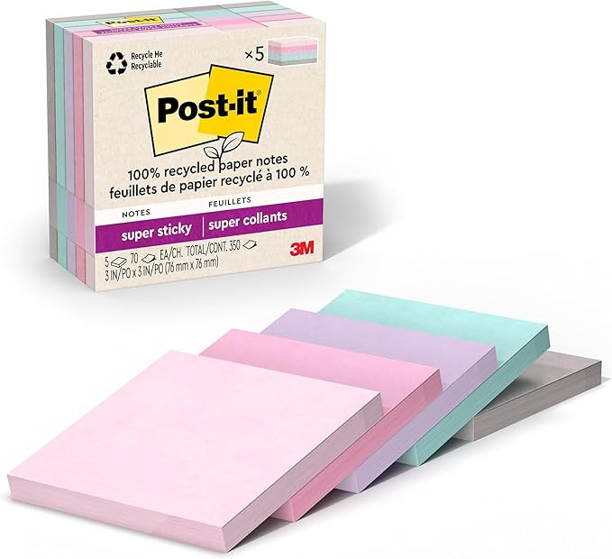 Post-it 100% Recycled Paper Super Sticky Notes, 2X The Sticking Power, 3x3 in, 5 Pads, 70 Sheets/... | Amazon (US)