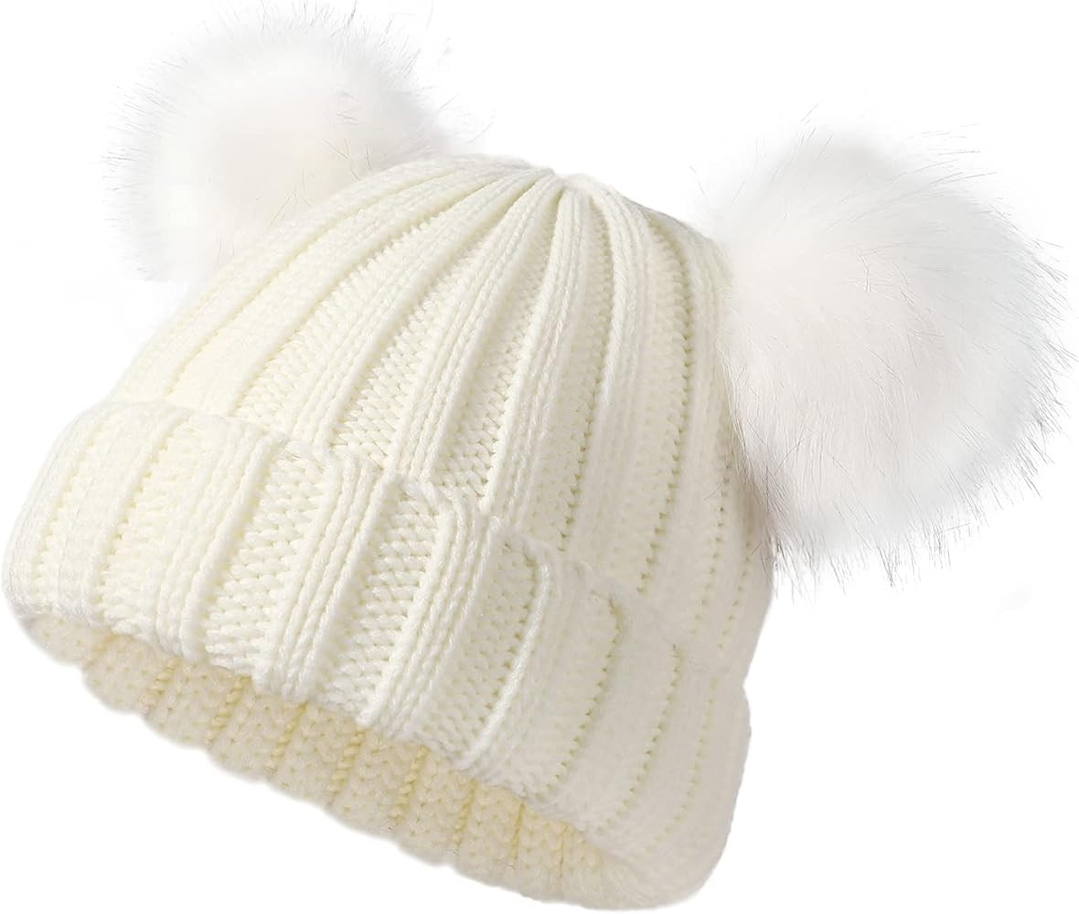 Womens Winter Double Pom Pom Beanie Hats Detachable Fur Ball Cute Cap Warm Soft Cable Knit Hat wi... | Amazon (US)