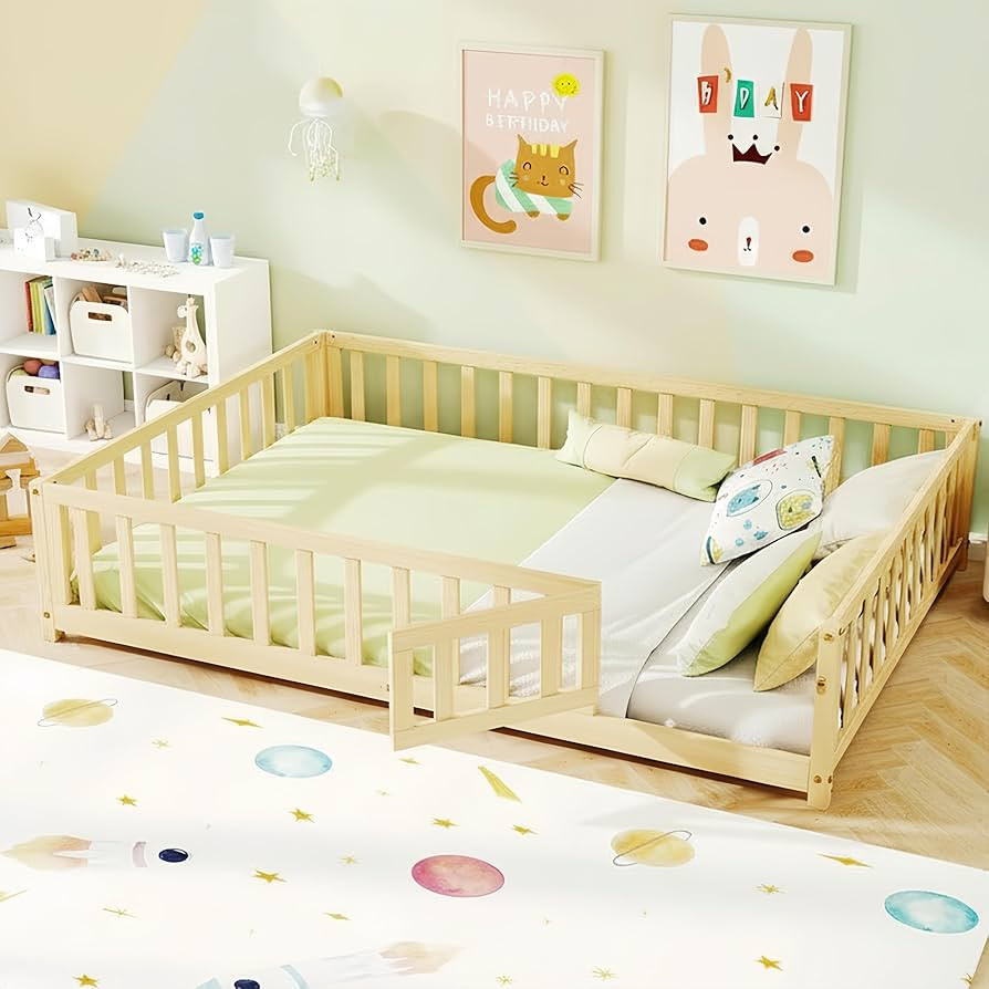 KOMFOTT Full Size Wood Floor Bed with Door & Fence, Montessori Bed Frame with Full Length Safety ... | Amazon (US)
