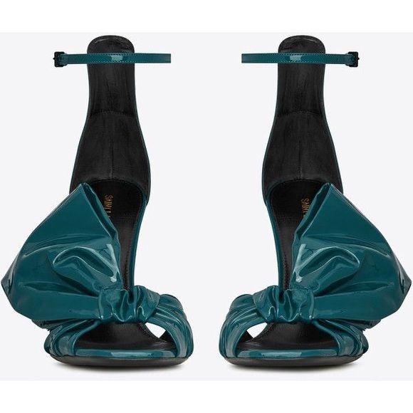Saint Laurent Freja Bow Blue Patent Leather Shoe Heel Sandal Stiletto Size 6 | Poshmark