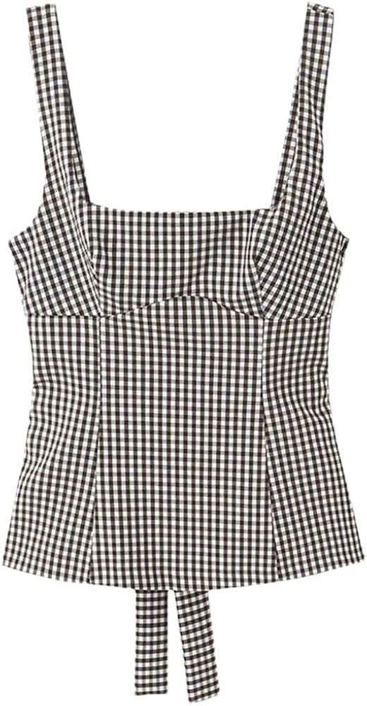 Women with Bow Plaid Backless Side Zipper Vest Vintage Straps Square Collar Tank Tops | Amazon (US)