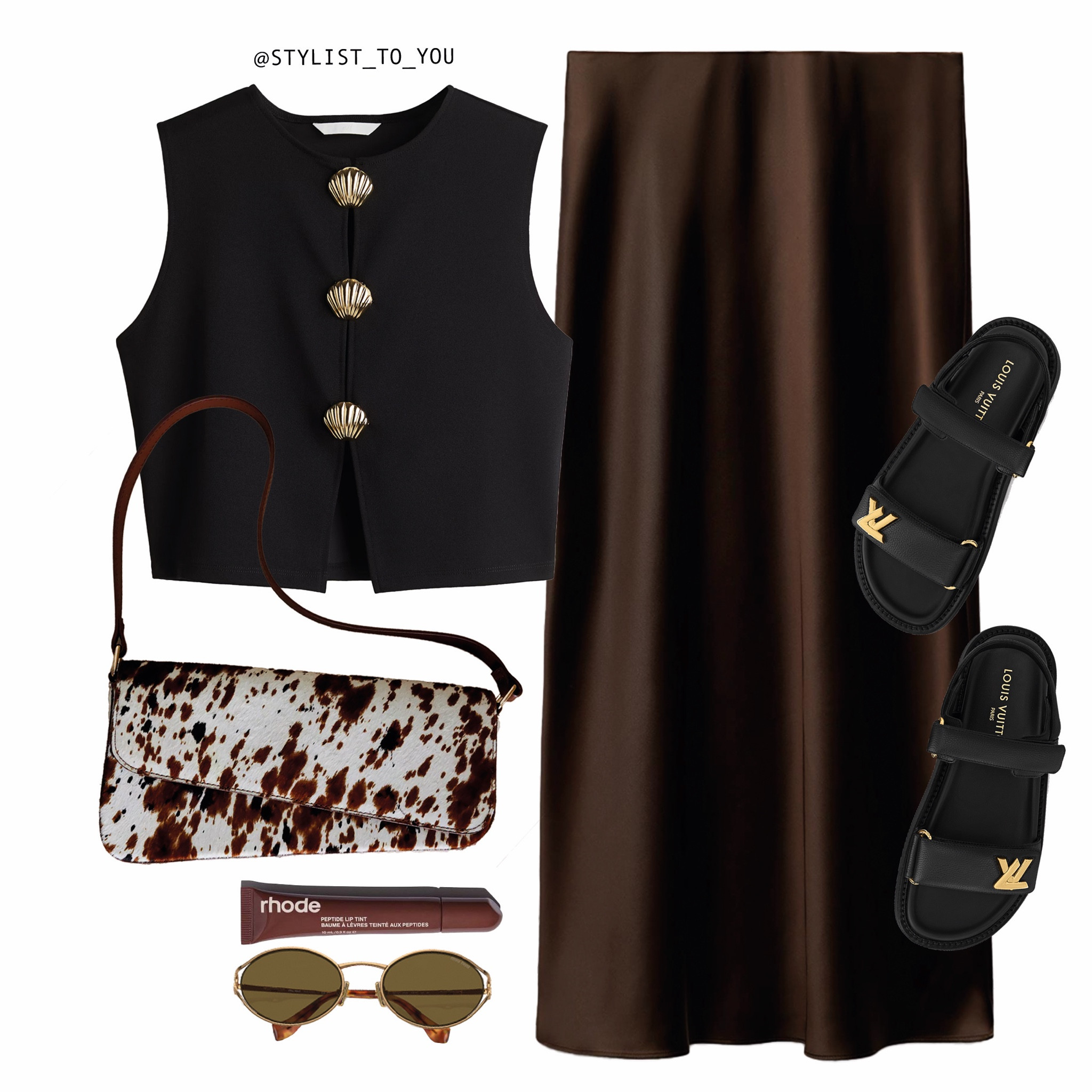 The Waistcoat Edit 🤎

A stylish outfit featuring a black front tailored structured sleeveless tank vest top waistcoat with gold shell buttons, paired with a high-waisted chocolate brown satin midi midaxi maxi skirt. Accessories include black Louis Vuitton LV logo chunky granddad sandals Mules slide sandals with gold hardware trim, a cow-print shoulder bag, miu mui round sunglasses with a gold frame, and a Rhode lip tint in a deep brown mocha shade. The look is chic and sophisticated, perfect for warm holiday evenings. Black waistcoat, sleeveless vest, gold shell buttons, satin skirt, brown midi skirt, chic evening outfit, summer fashion, holiday style, neutral tones, black and brown outfit, cow-print bag, shoulder bag, Louis Vuitton slides, designer sandals, gold hardware, elegant summer look, vacation outfit, capsule wardrobe, minimalist fashion, effortless chic, Rhode lip tint, summer beauty, monochrome outfit, timeless fashion, warm weather style, street style, resort wear, fashion inspiration, high-fashion look, eveningwear, statement buttons, trendy accessories, classic elegance, sophisticated outfit, sleek styling, neutral aesthetic, modern chic, outfit ideas, minimalist elegance, travel wardrobe, gold accessories, neutral, colourless, sophisticated look, classic, resort, everyday outfit, effortless style, accessories, easy outfit, capsule wardrobe, smart look, spring outfit, cos, Mango, H&M, & other stories, timeless, chic, city break, business, office, animal print, workwear, modern look, timeless, stylish outfit, simplicity, simple, it girl, smart casual, relaxed, neutral colours, Spring Style, Fashion Inspiration, Outfit Ideas, Going out, Casual Outfits, Virtual Stylist, Styling Tips, How to Wear, Wardrobe Inspo, Fashion Trends, Elegant, Capsule Closet, Everyday Look, Style Daily, Minimalist, What to Wear, Street Style, Cute Outfits, Aesthetic Neutral Style, Trendy style, Comfortable and stylish, Chic Trends, Spring Fashion, Holiday Outfit, Style Ideas, trending, style guide, elevated, feminine, SS24, What to Wear,

#LTKuk #LTKdatenight #LTKluxury