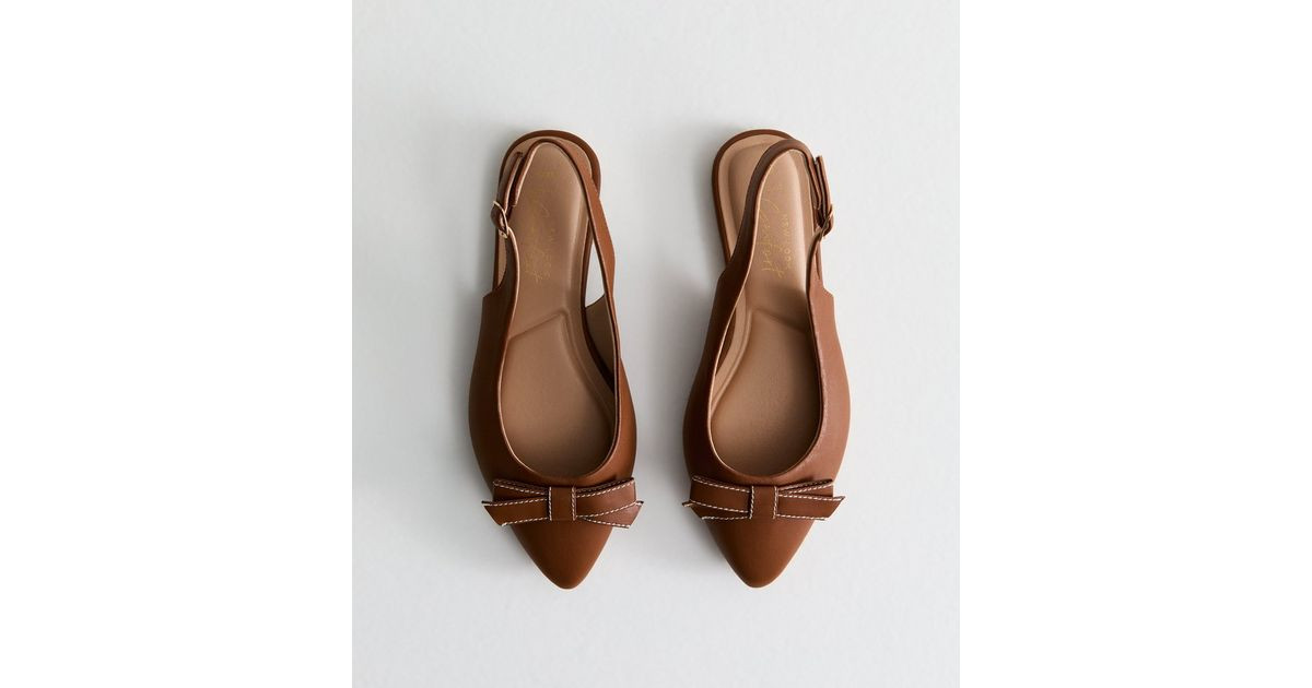 Wide Fit Tan Faux Leather Bow Front Slingback Flats | New Look | New Look (UK)