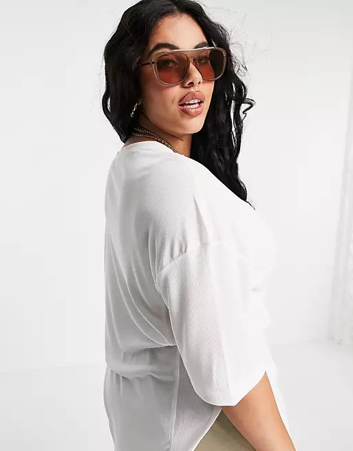 ASOS DESIGN Curve oversized t-shirt with side splits and stitch detail in rib in white | ASOS (Global)
