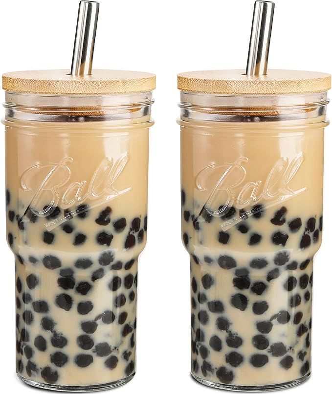 2Pack Glass Tumbler with Bamboo Lid and Straw, 22oz Iced Coffee Cups, Mason Jar Drinking Glasses,... | Amazon (US)