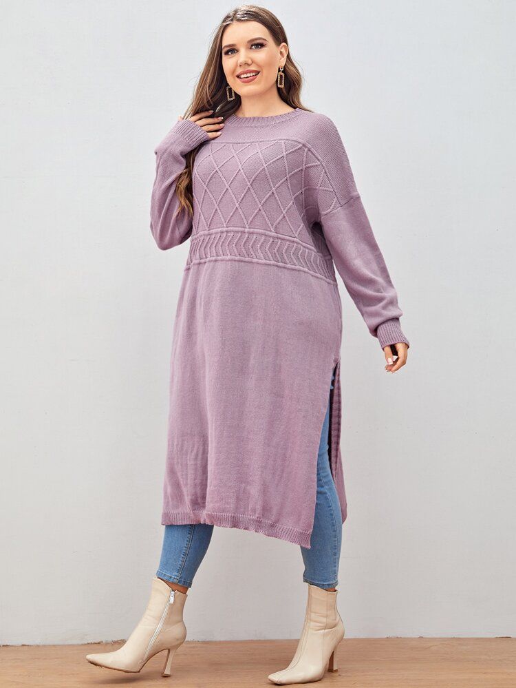 SHEIN Plus Drop Shoulder Split Hem Textured Longline Sweater | SHEIN