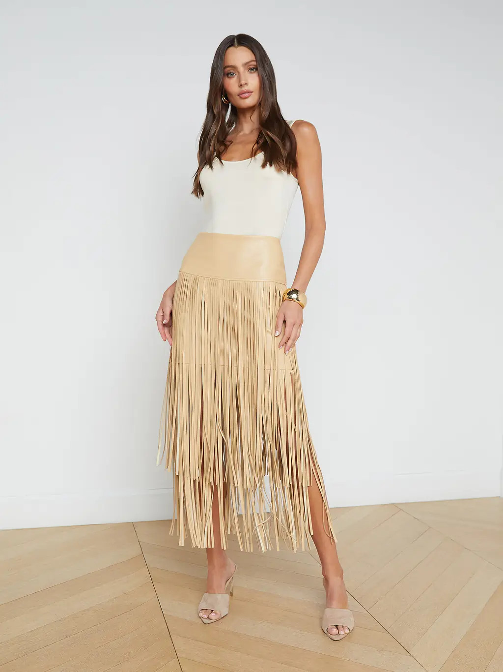 Karolina Vegan Leather Fringe Skirt in Croissant | L'AGENCE | L'Agence