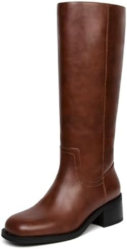 Knee High Boots Women Square Toe Chunky Block Heel Banana Campus Boot Wide Calf Comfortable Low H... | Amazon (US)