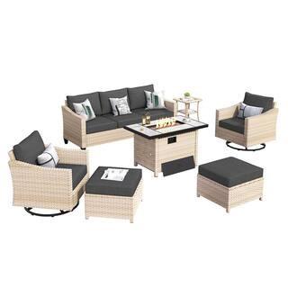 OVIOS Athenie Biege 7-Piece Wicker Patio Rectangle Fire Pit Conversation Set with Black Cushions ... | The Home Depot