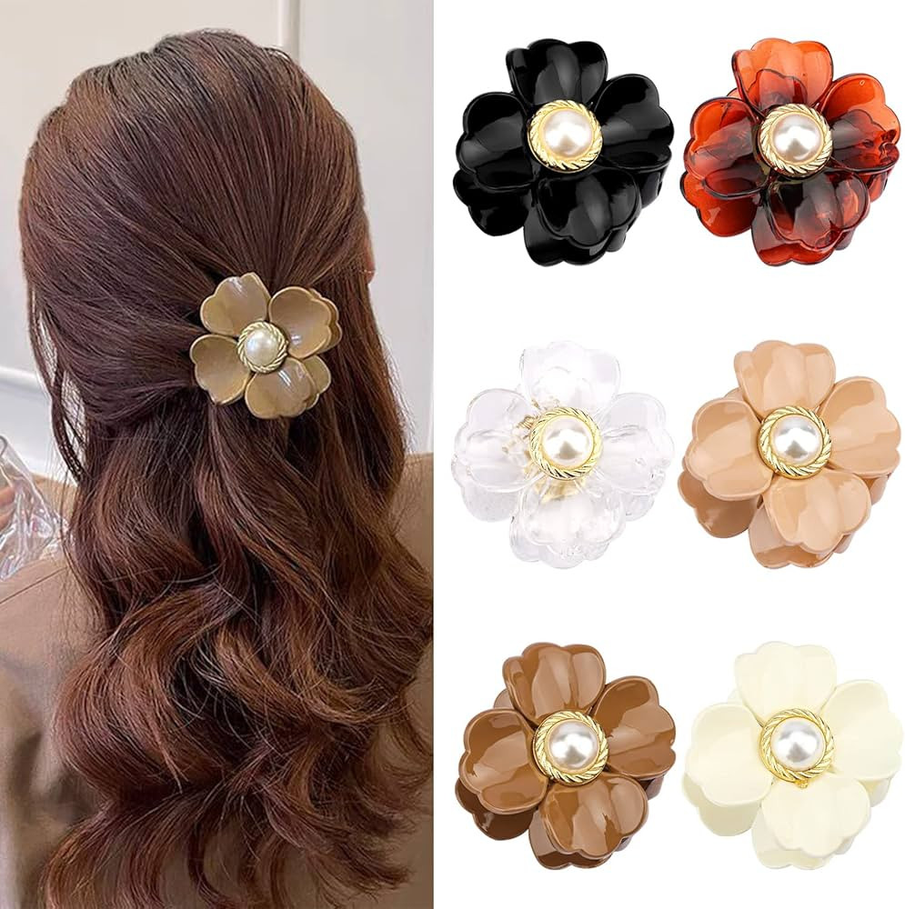 6PCS Flower Hair Clips Sweet Pearl Flower Hair Claw Clips 2.4 Inch Non Slip Strong Hold Hair Catc... | Amazon (US)