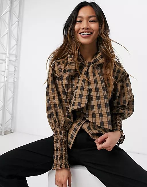 Ghospell blouse with puff sleeves and bow in brown check | ASOS (Global)