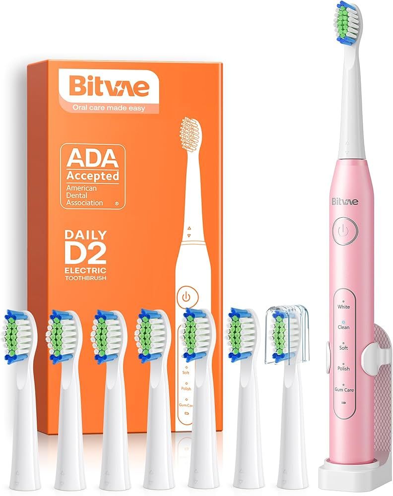 Bitvae D2 Pink Electric Toothbrush for Adults and Kids - Sonic Toothbrush Rechargeable with 8 Bru... | Amazon (US)
