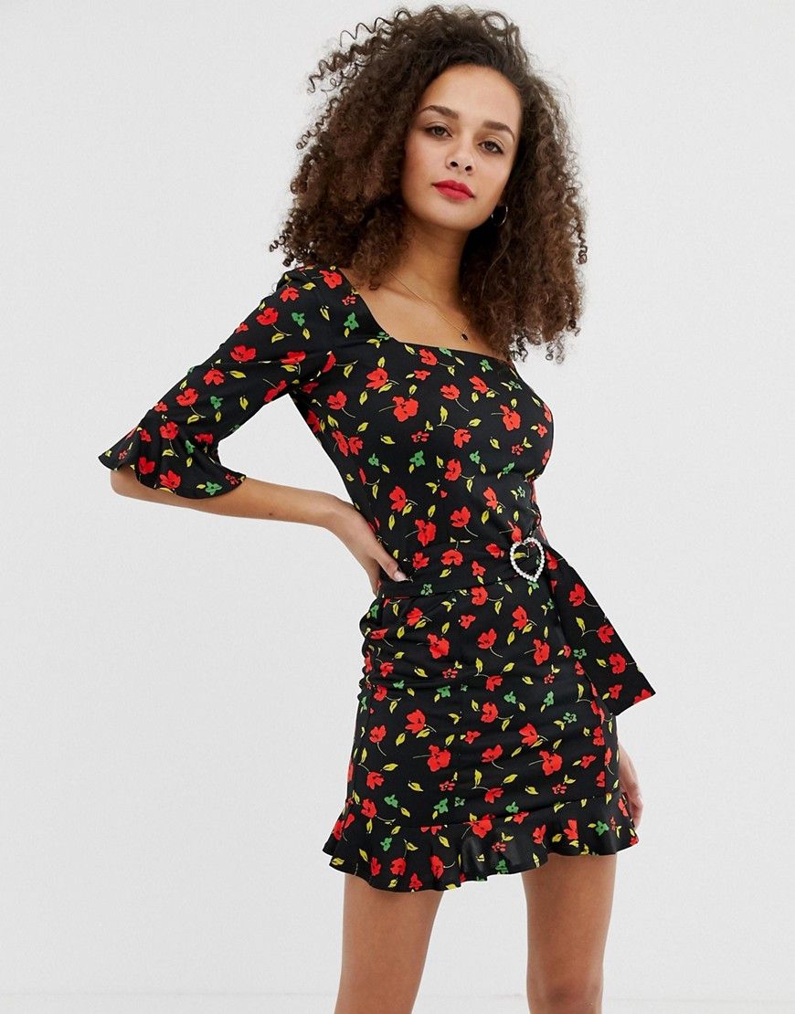 ASOS DESIGN mini dress with rhinestone buckle in floral print - Multi | ASOS US