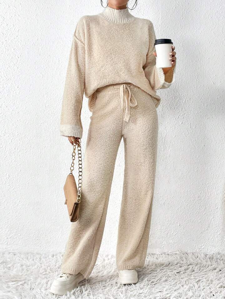 SHEIN Essnce Mock Neck Drop Shoulder Sweater & Drawstring Waist Knit Pants | SHEIN