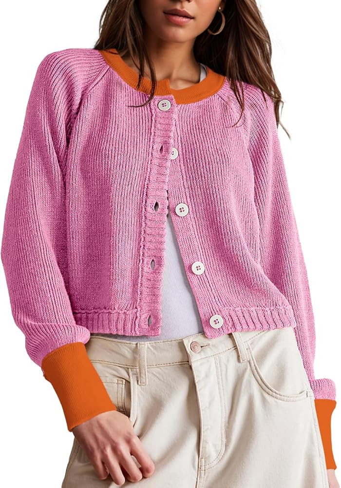 Women's Cropped Cardigan Sweaters Fall Long Sleeve Open Front Cardigans Button Down Color Block C... | Amazon (US)