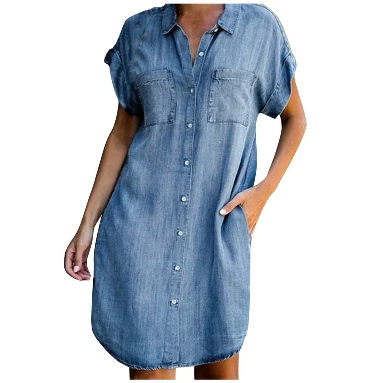 Soighxzc 2024 Women Summer Short Dresses Casual Denim Short Sleeve T Shirt Lapel V Neck Button Do... | Walmart (US)