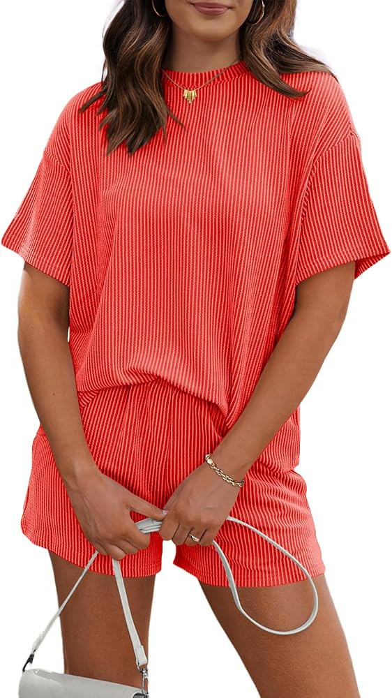 RUBZOOF Women's 2 Piece Sets Short Sleeve Outfits Ribbed Textured Knit Lounge Shorts Set Oversize... | Amazon (US)