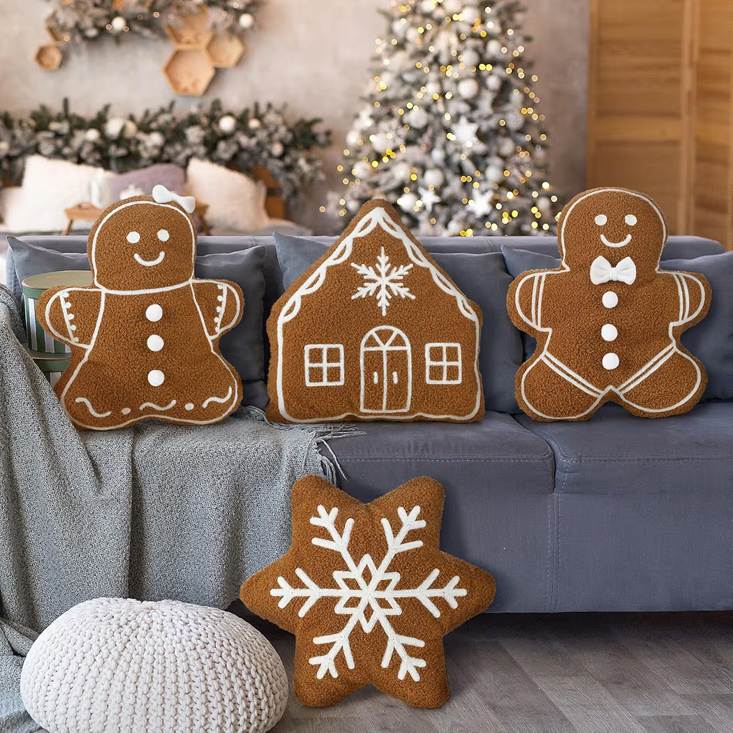 4 Pcs Christmas Throw Pillows Plush Gingerbread Men Gingerbread House Snowflake Shaped Pillow for Christmas Winter Holiday Party Outdoor Bedroom Cushion Decoration | Amazon (US)